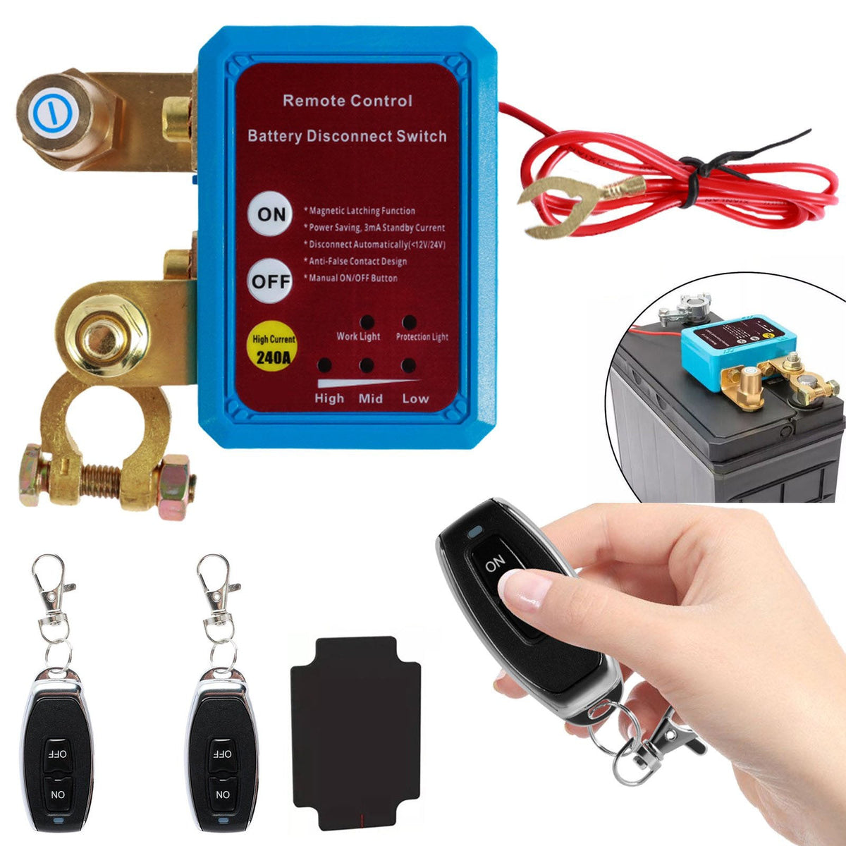 Remote Battery Disconnect Kill Switch 12V/24V 240A – Auto Cutoff at 11.8V, 433MHz Remote, Magnetic Latching, for Car, Truck, RV, ATV, Boat & Motorcycle