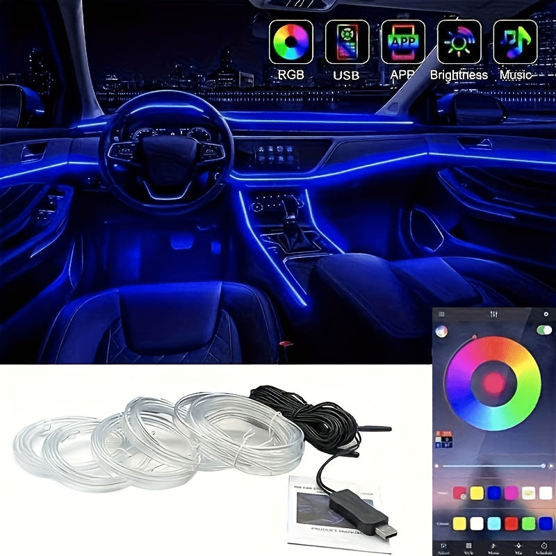 RGB Car Interior Ambient Light Kit - App & Voice Control, 8-Color LED Atmosphere Lighting for Dashboard Roof Console, USB Powered