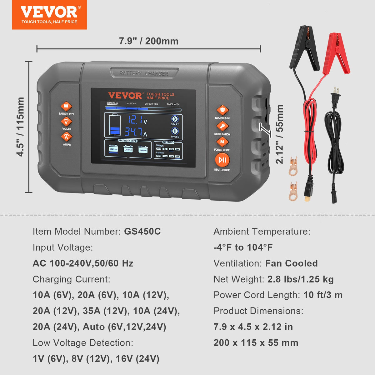 Smart Battery Charger 35 Amp Lithium LiFePO4 Lead-Acid AGM GEL SLA – 6/12/24V LCD Display Trickle Maintainer Desulfator | Car Truck Boat Motorcycle