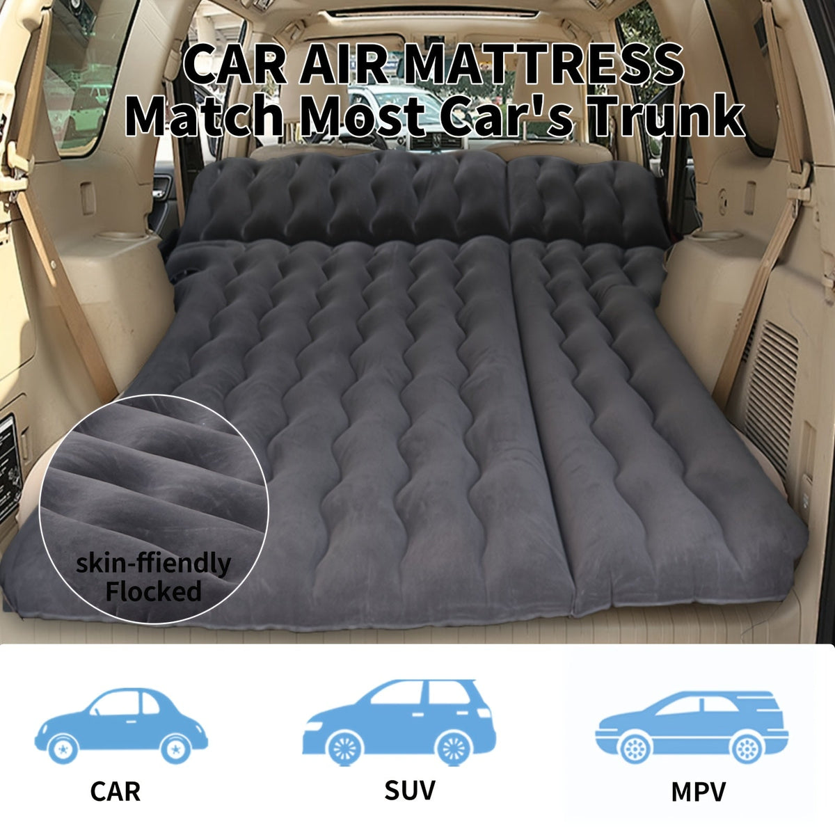 SUV Air Mattress Inflatable Car Bed 67x49x4 Inch Flocking Surface with Air Pump 2 Pillows Carrying Bag Solo or Couple Camping Road Trip Black Grey