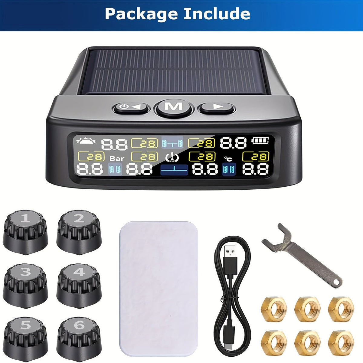 TPMS 6-Wheel Tire Pressure Monitoring System – Solar Charging, 6 Sensors, 6 Alarm Modes, Real-Time Display, Universal Fit for Truck SUV RV