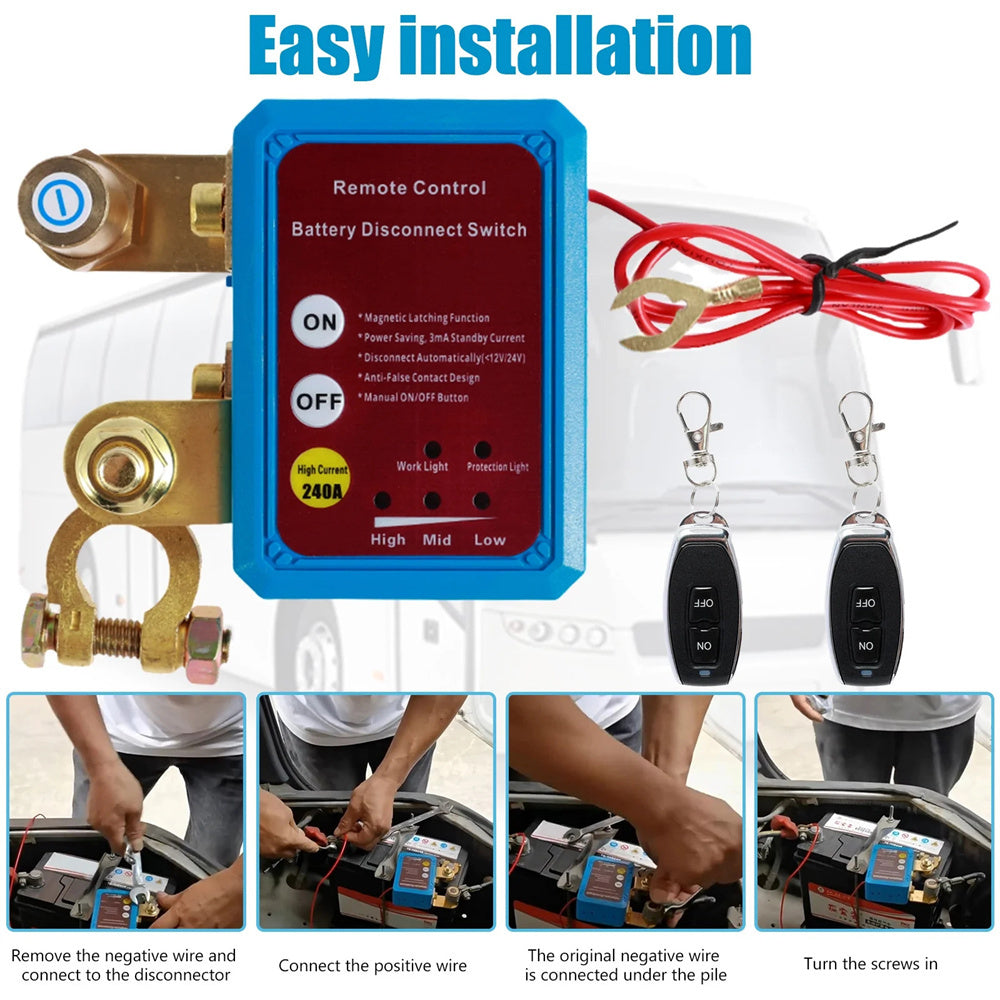 Remote Battery Disconnect Kill Switch 12V/24V 240A – Auto Cutoff at 11.8V, 433MHz Remote, Magnetic Latching, for Car, Truck, RV, ATV, Boat & Motorcycle