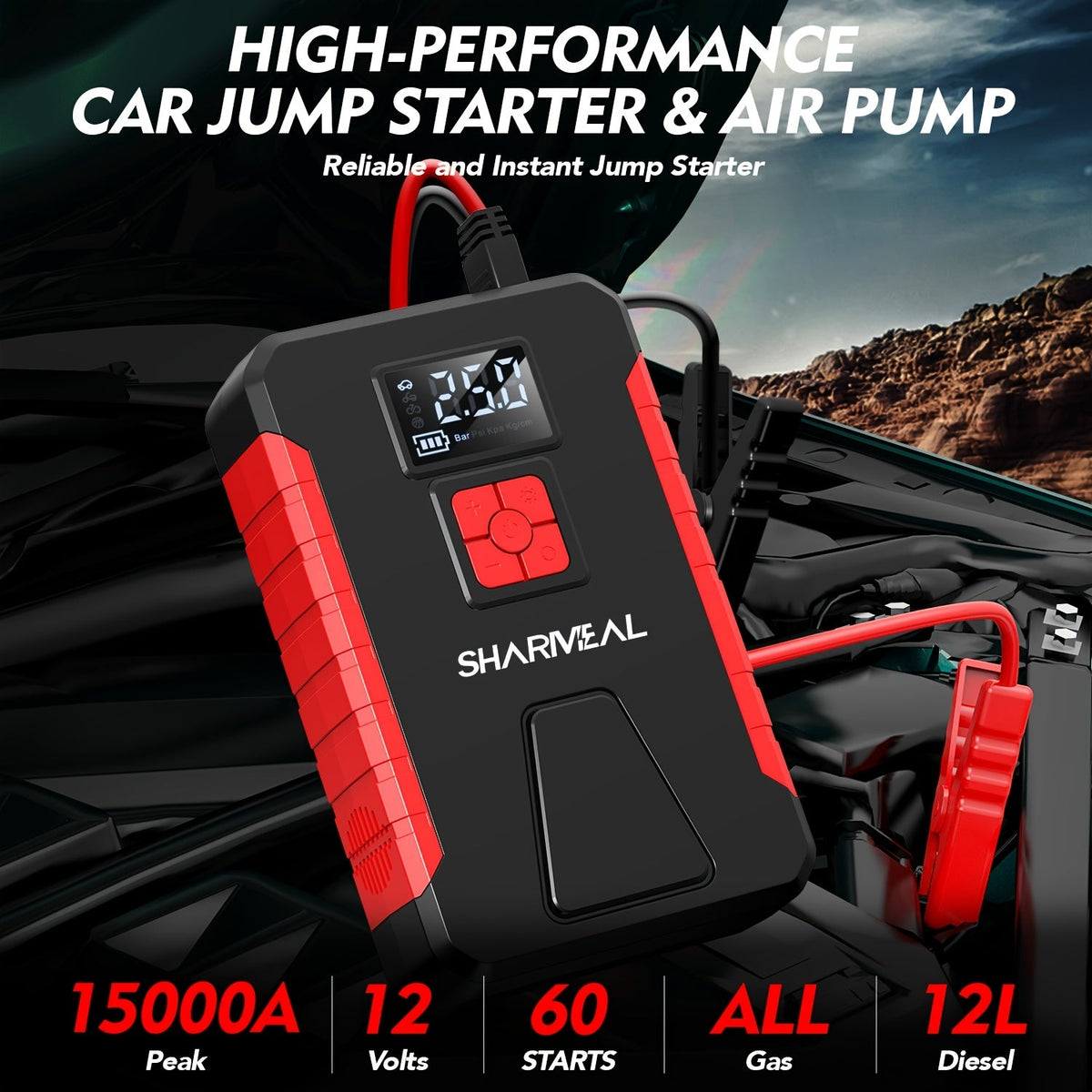 Portable Jump Starter with Air Compressor, 15000A-21000A Peak 350PSI 12V 17-in-1, Car Battery Charger with LED Light, for Cars Trucks SUVs
