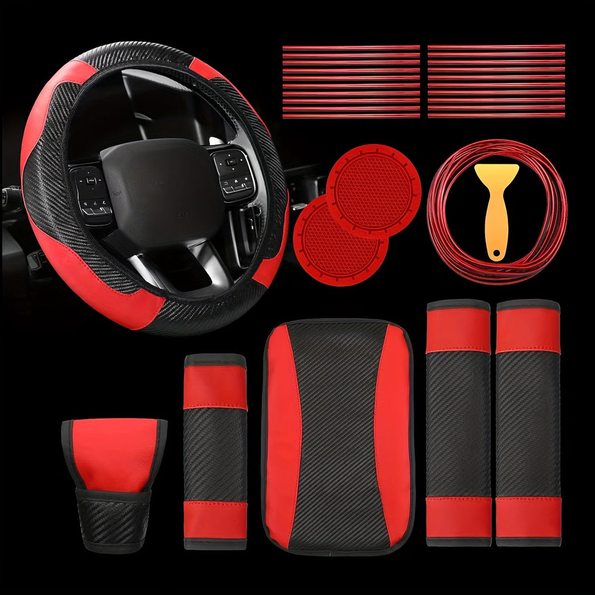 Car Steering Wheel Cover PU Carbon Fiber Interior Decorative Strip Air Vent Trim 30pcs Universal Fit for Most Vehicles Easy Install Blue Red