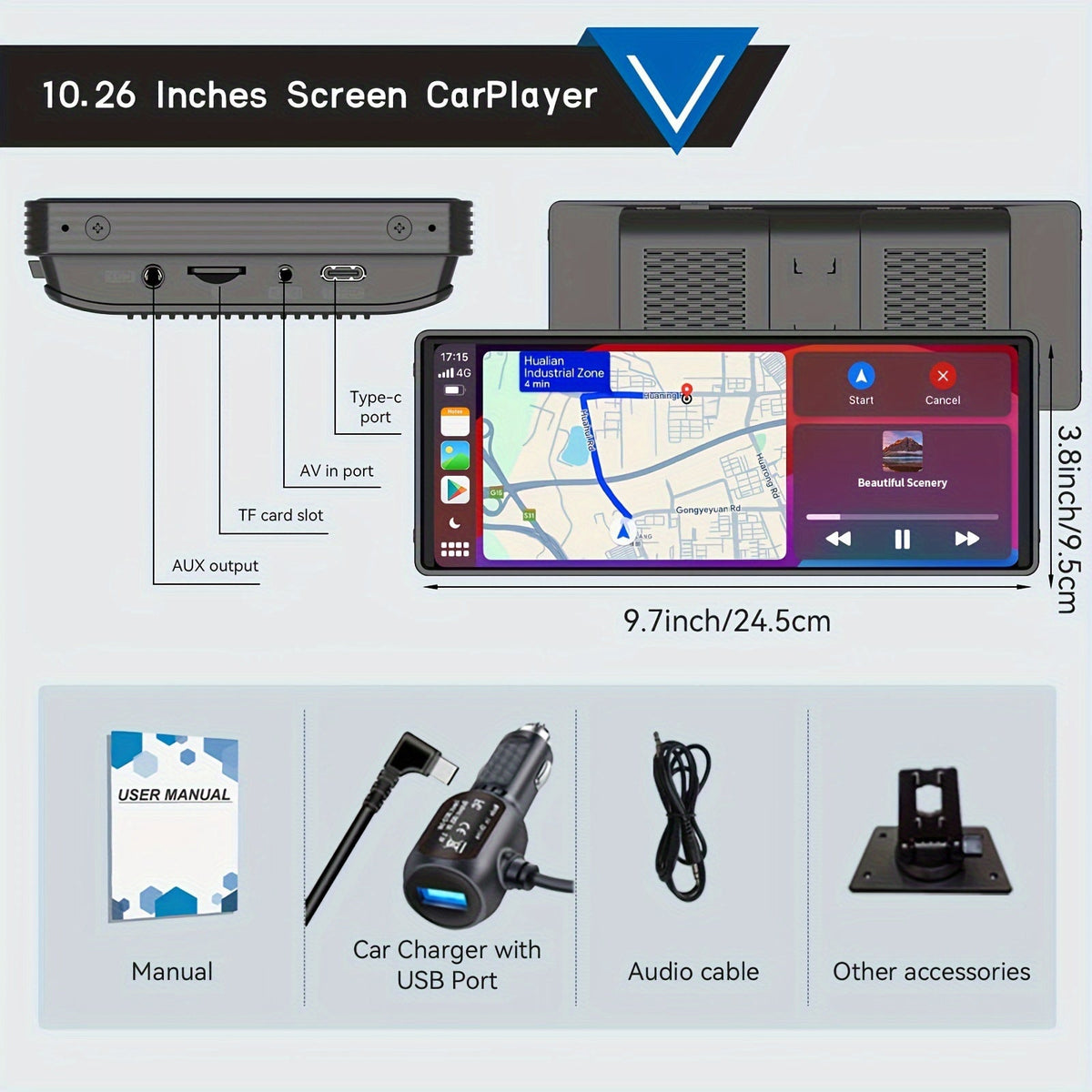 Portable Wireless CarPlay Screen 10.26" HD Touchscreen, Android Auto, Mirror Link, Backup Camera, GPS Navigation, AUX — Universal Fit