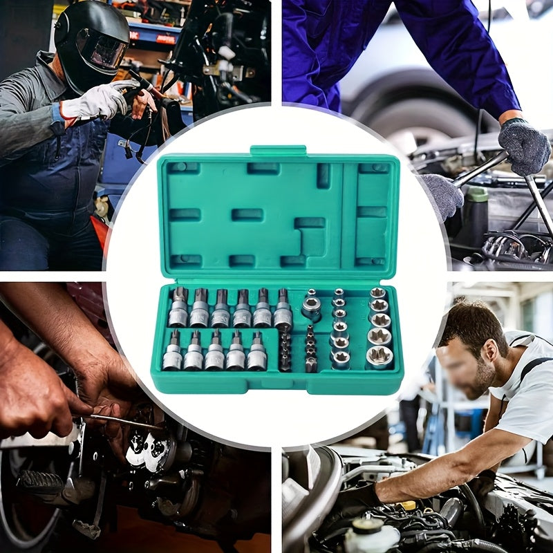 Torx Socket Set 34-Piece – Torx Bit Sockets & E-Torx Sockets for 1/4", 3/8" & 1/2" Drive, Male & Female Security Bits, Universal Fit