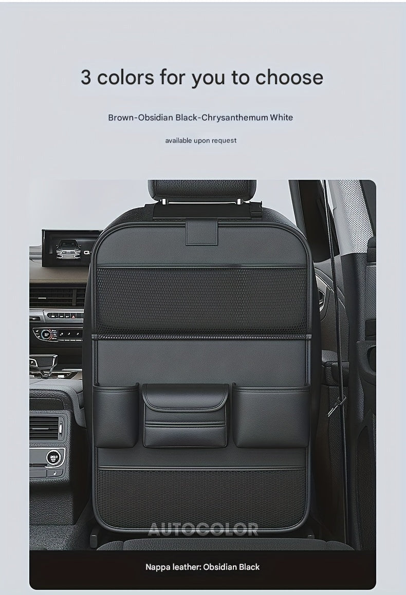 Car Backseat Organizer with Foldable Tray Table – PU Leather Kick Mat, Tablet Holder & Multi-Pocket Rear Seat Storage | Universal Fit SUV Truck