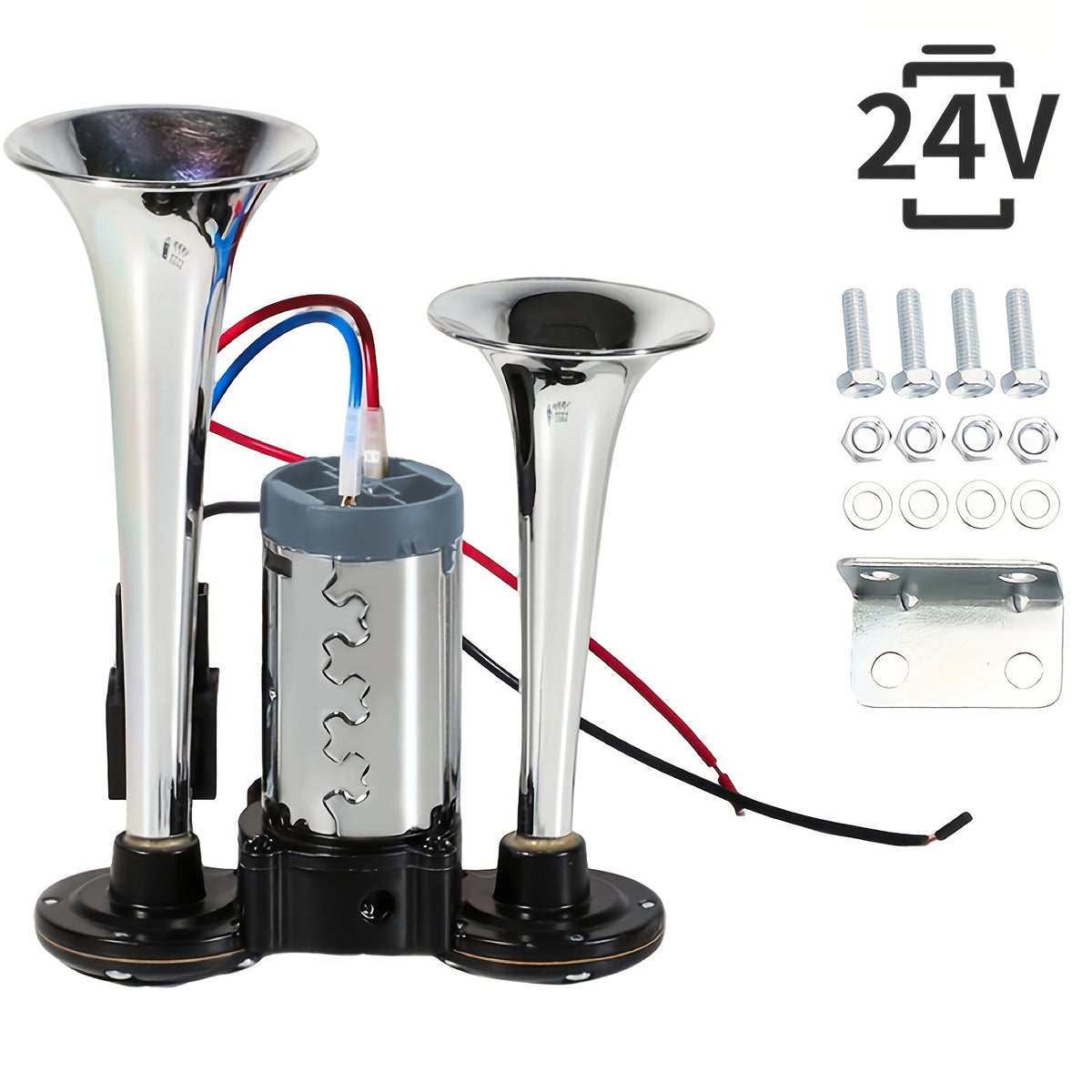Air Horn for Truck 130dB Double Tube, 12V/24V Aluminum Alloy Compressor Horn, Super Loud for SUV Motorcycle Boat Bus Train Off-Road, Universal Bracket, Easy Install