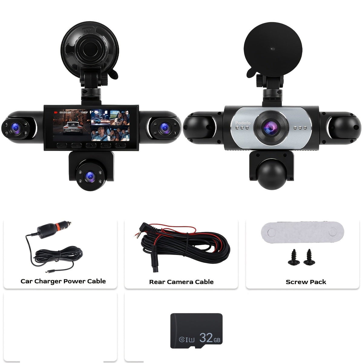 PODOFO 360° Dash Cam 5-Lens & 4-Lens 1080P, Front Rear Left Right Coverage, Loop Recording, Reverse Image, USB Powered — Optional 32G/64G Card