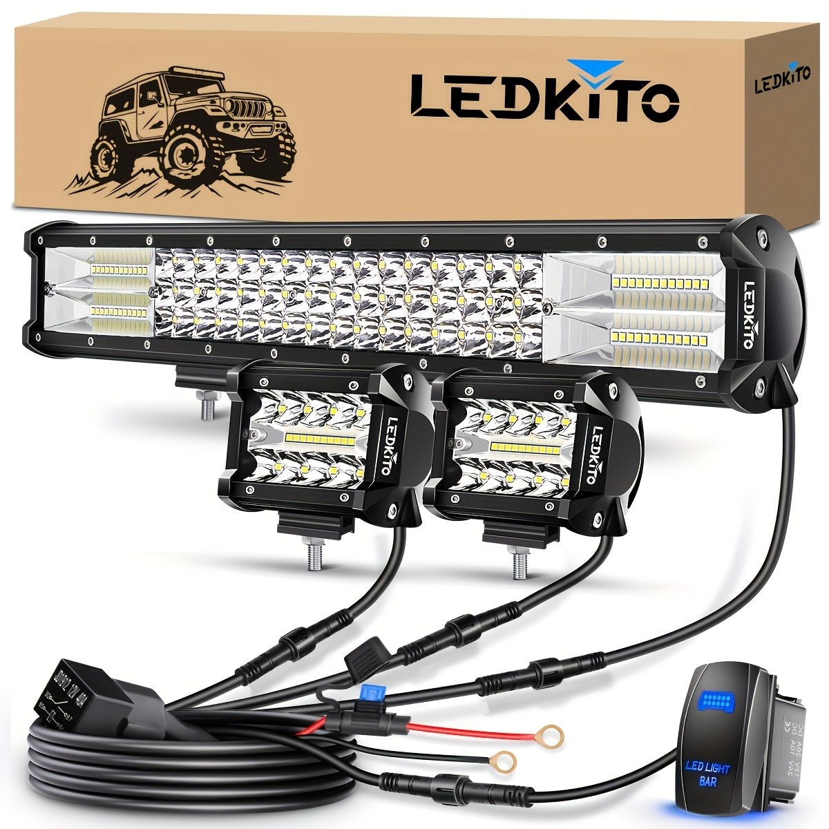 20 Inch LED Light Bar + 4 Inch LED Work Light Kit, Off Road Driving Lights with Wiring Harness Switch Relay Fuse, DC 12-24V for Truck ATV UTV Boat Excavator Forklift, White Aluminum