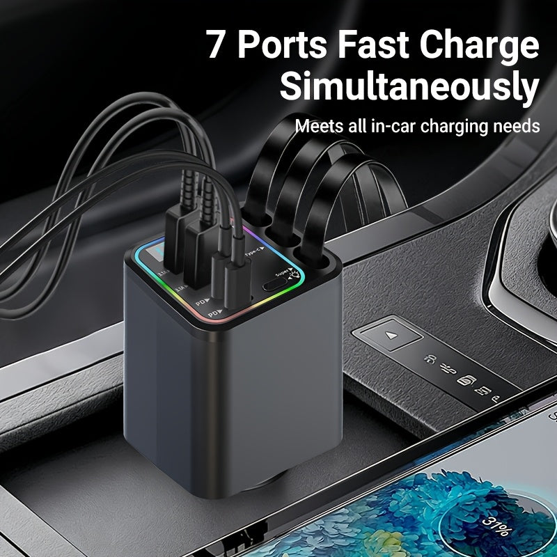 7-in-1 Car Fast Charger – 3 Retractable Cables, LED Digital Display, 180° Adjustable, USB Fast Charging for iPhone, Android & Type-C