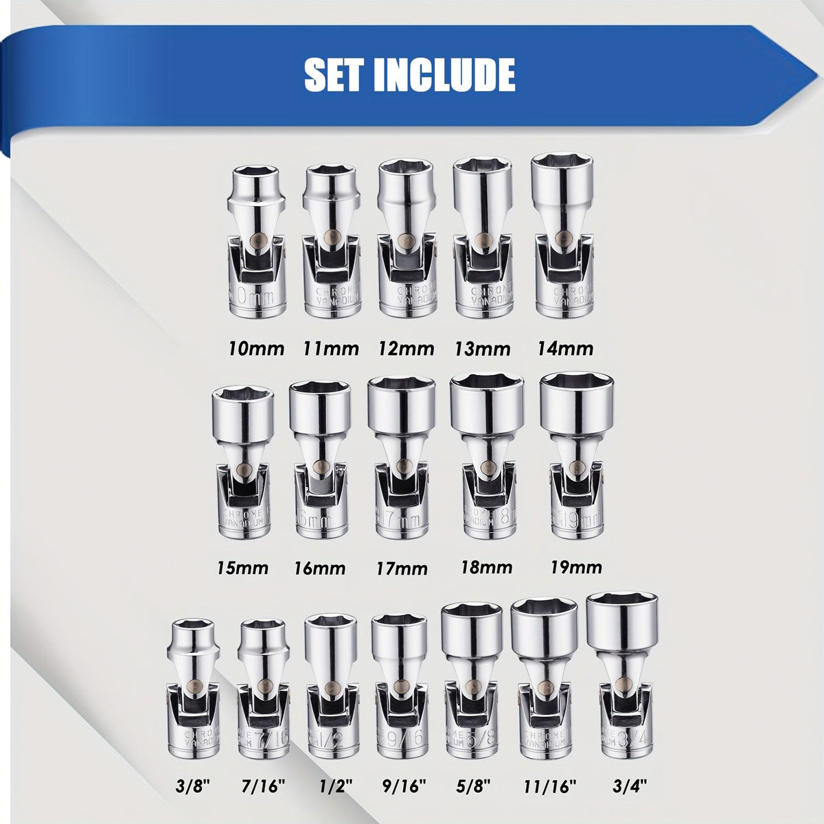 17-Piece 3/8" Drive Socket Set – SAE & Metric CR-V Flex Universal Joint | 10mm–19mm & 3/8"–3/4" 6-Point Swivel Head