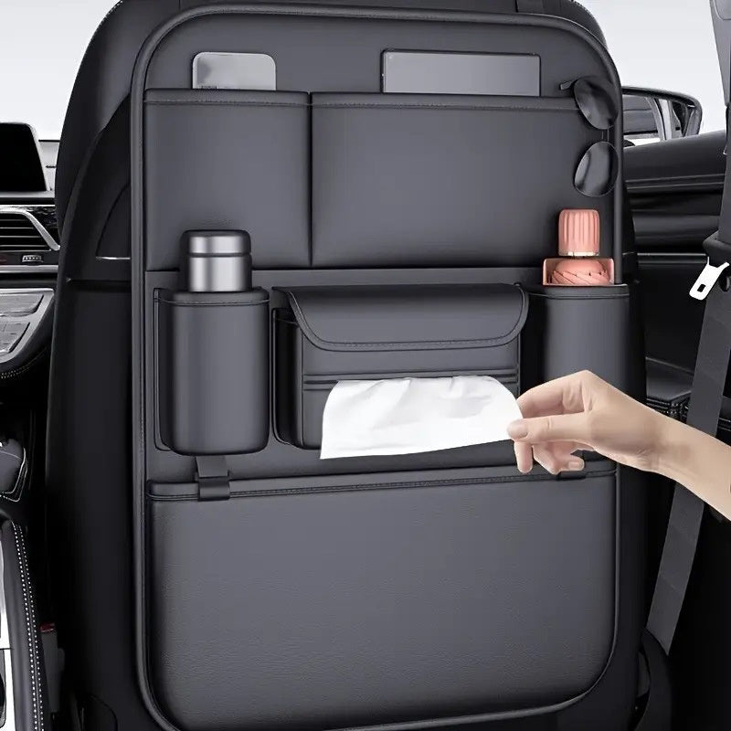 Car Seat Back Organizer with Foldable Table - Faux Leather Backseat Organizer with Tablet Stand, Kick Protector & Multi-Pocket Storage, Universal Fit, Black Gray Brown