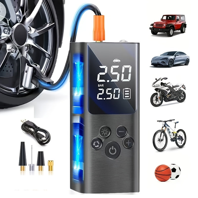 Portable Cordless Tire Inflator with Digital Gauge & LED Light – USB Rechargeable Fast Air Compressor for Car, Bike, Motorcycle & Sports Equipment