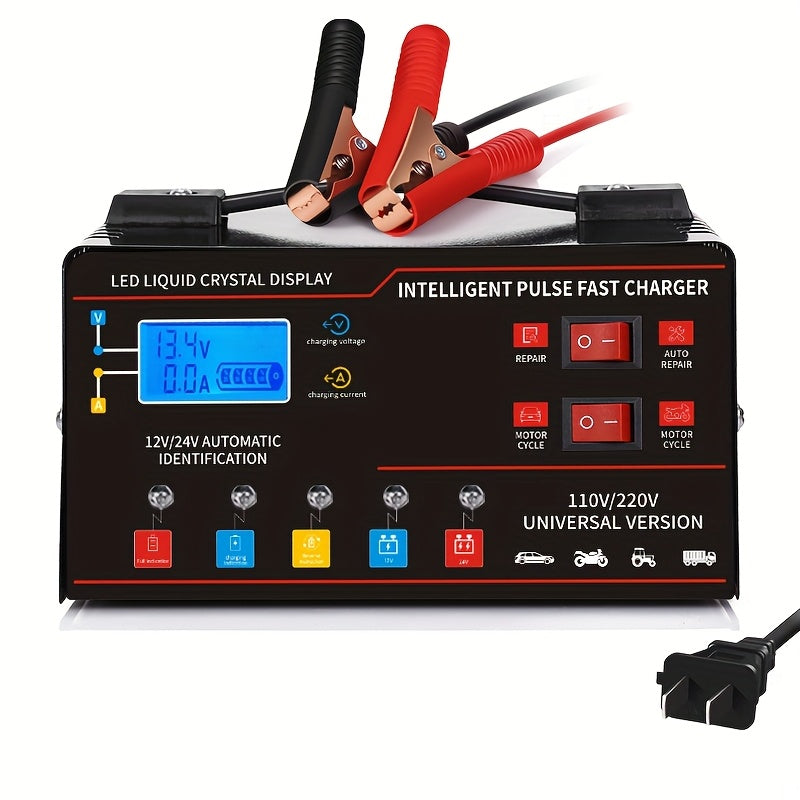 12V/24V Smart Universal Battery Charger – LCD Screen, Pulse Repair, Trickle Maintainer & Temperature Regulation for Car, Truck, Motorcycle, Boat & Lawn Mower Lead Acid Batteries