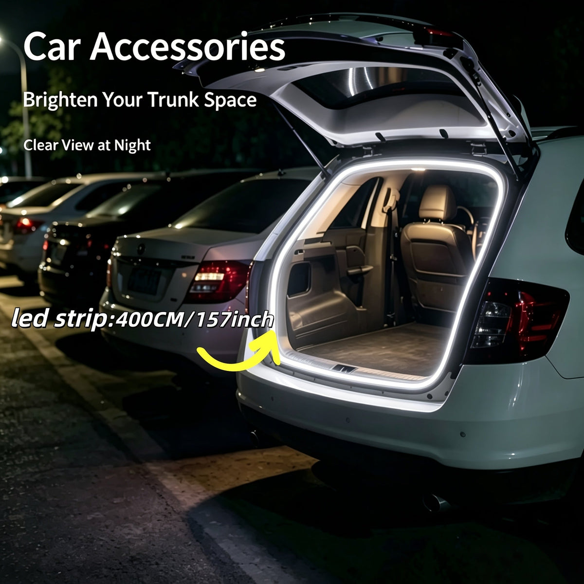 LED Trunk Light Strip for Cars – 400cm/157in Flexible High-Brightness White & Blue Atmosphere Light for All Car Trunks, No Battery Required