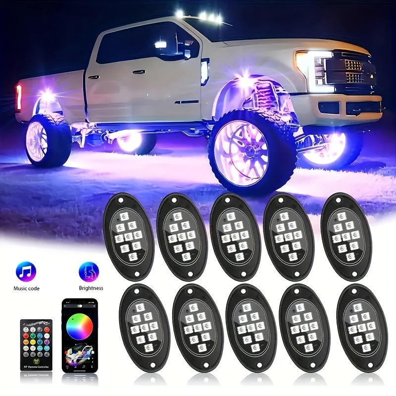 RGB LED Rock Light Kit 10-Piece – Multicolor Underglow Lights with APP & Remote Control, Music Mode, for Jeep UTV ATV SUV Offroad