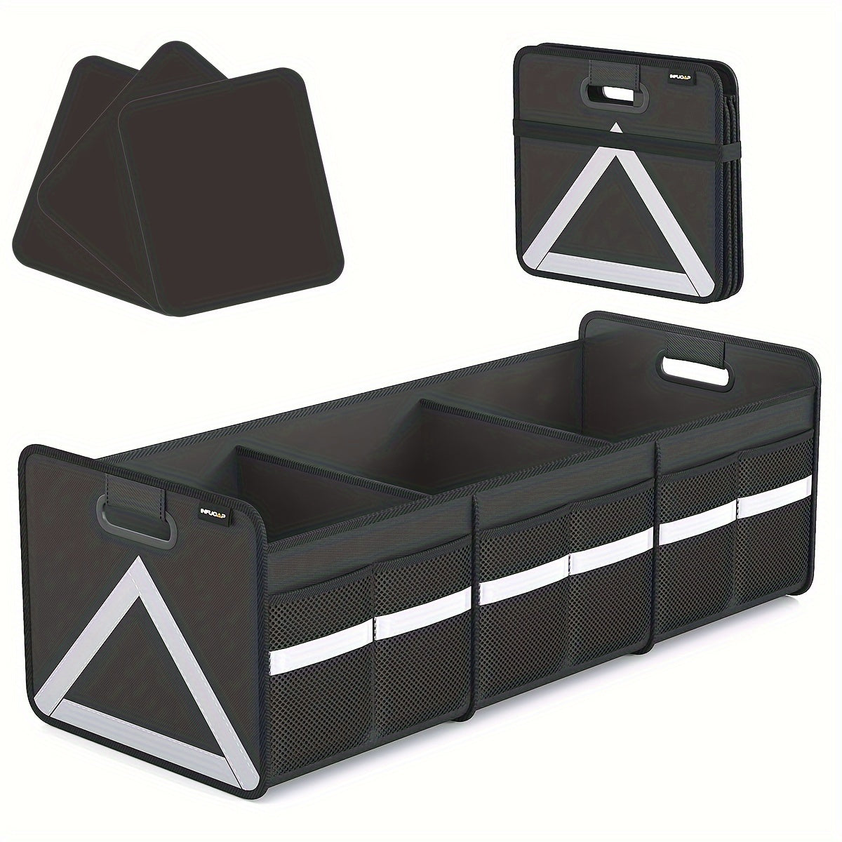 Car Trunk Organizer Foldable – Heavy Duty Multi-Pocket, Reflective Stripe, Collapsible Storage for SUV Minivan | Zipper Closure, Space Saver | Black & Pink
