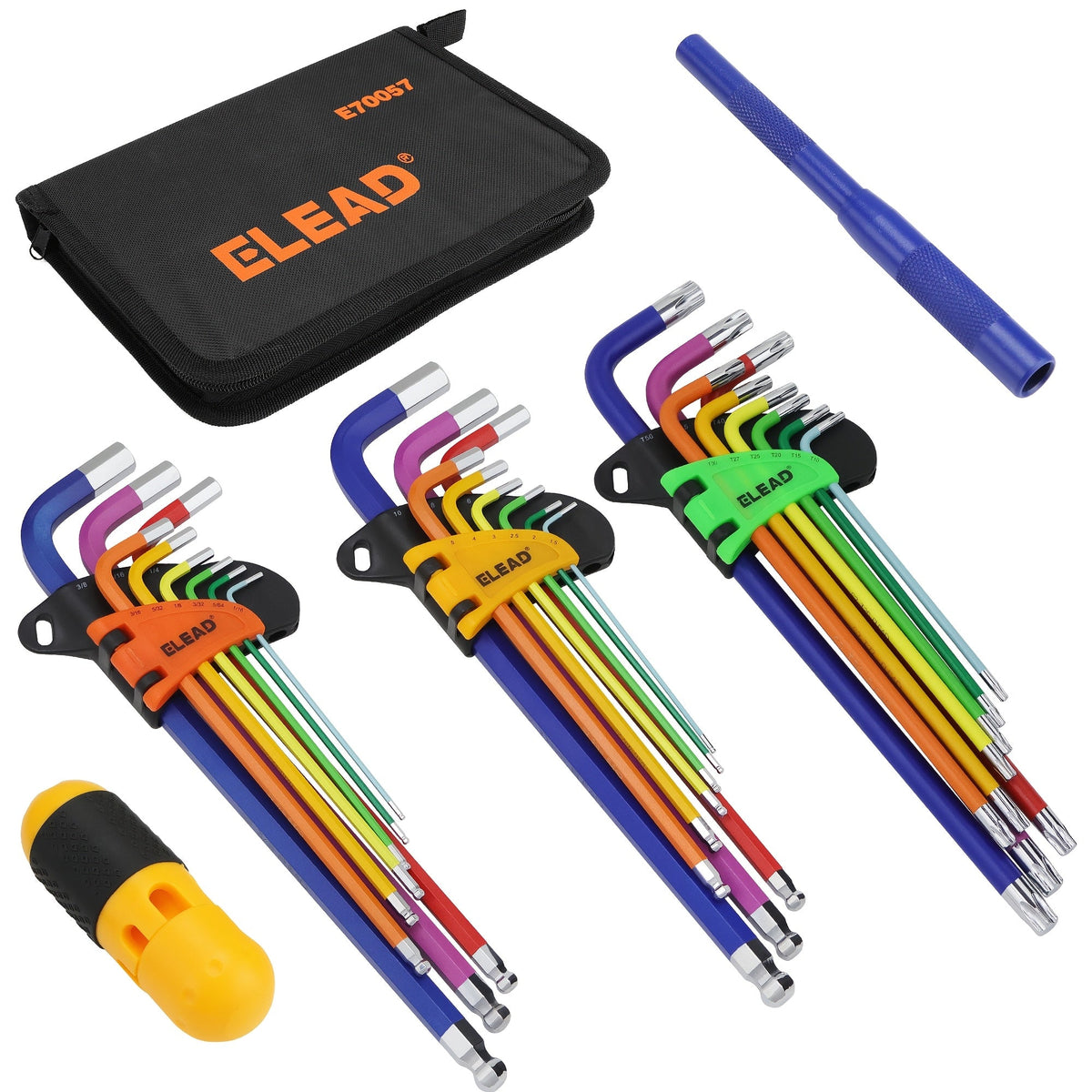Hex Key Allen Wrench Set 29/37-Piece – Ball End & Torx, Metric & SAE, Color-Coded, T-Handle, Chrome Vanadium Steel