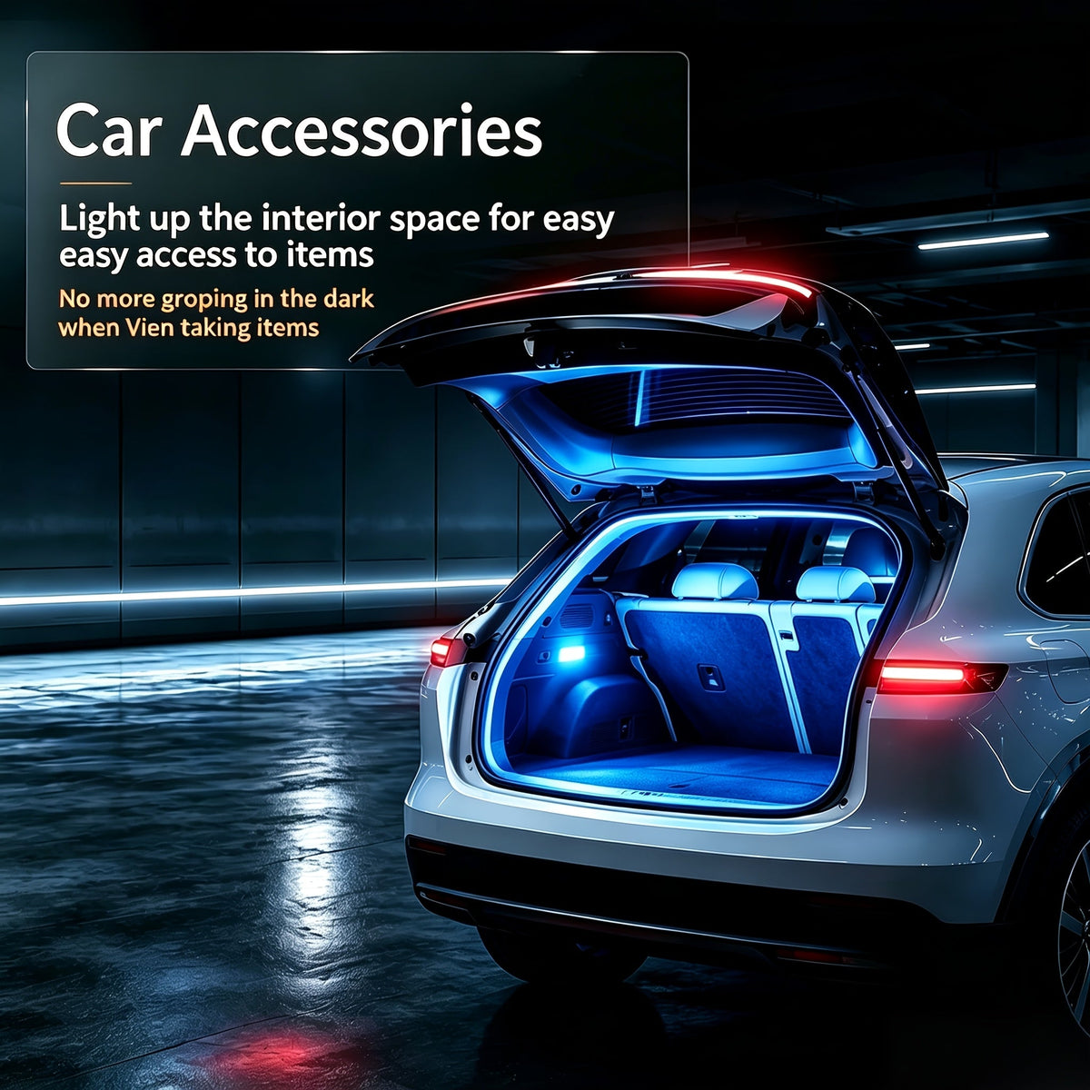 LED Trunk Light Strip for Cars – 400cm/157in Flexible High-Brightness White & Blue Atmosphere Light for All Car Trunks, No Battery Required