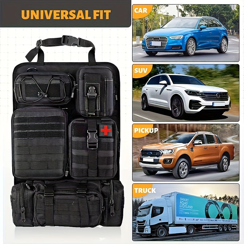 MOLLE Tactical Car Seat Organizer Pouch 6pcs Set Heavy Duty Nylon Adjustable Seat Back Storage for Jeep Truck SUV Gear First Aid Tools EDC Black