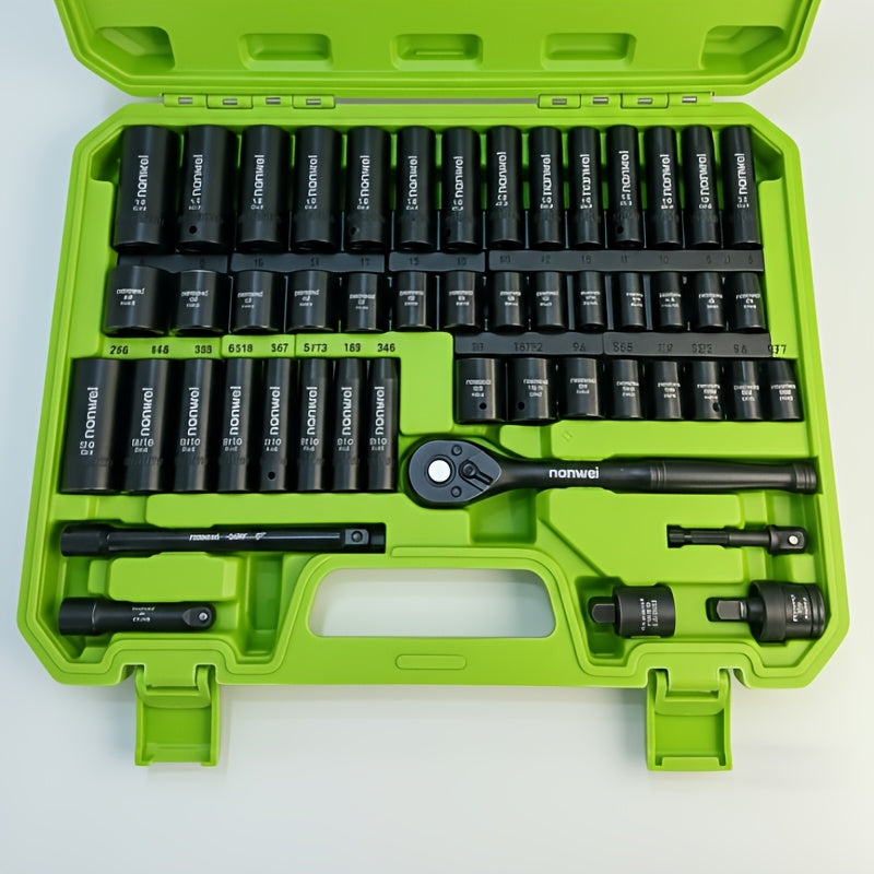 3/8 Inch Drive Impact Socket Set Metric 8-22mm SAE 5/16-3/4 in, 6-Point Cr-V, with Ratchet Handle Adapter & Storage Box, 15/50/92pcs Options