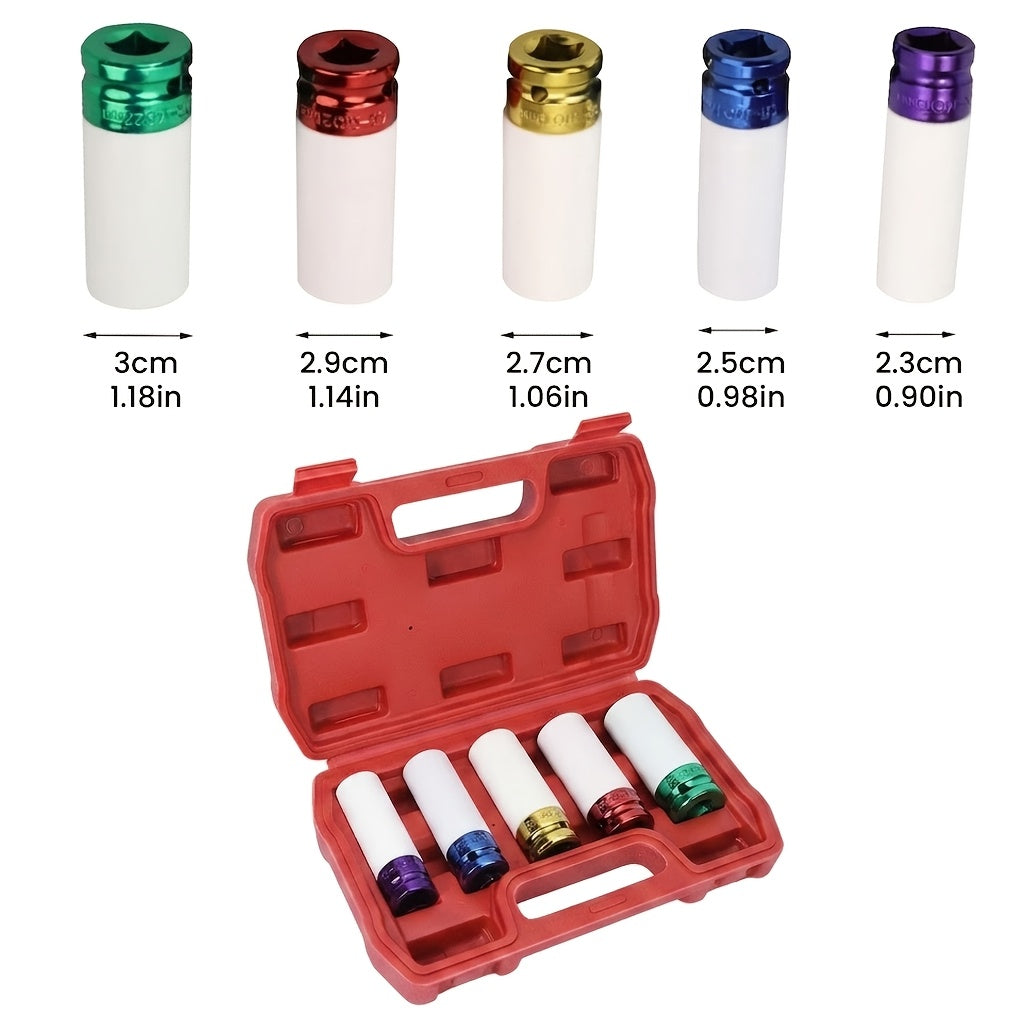 Lug Nut Socket Set 5pcs – 1/2" Drive Deep Impact Sockets for Tire & Wheel Service, Protects Rims, Compatible with Impact Wrench & Air Tools