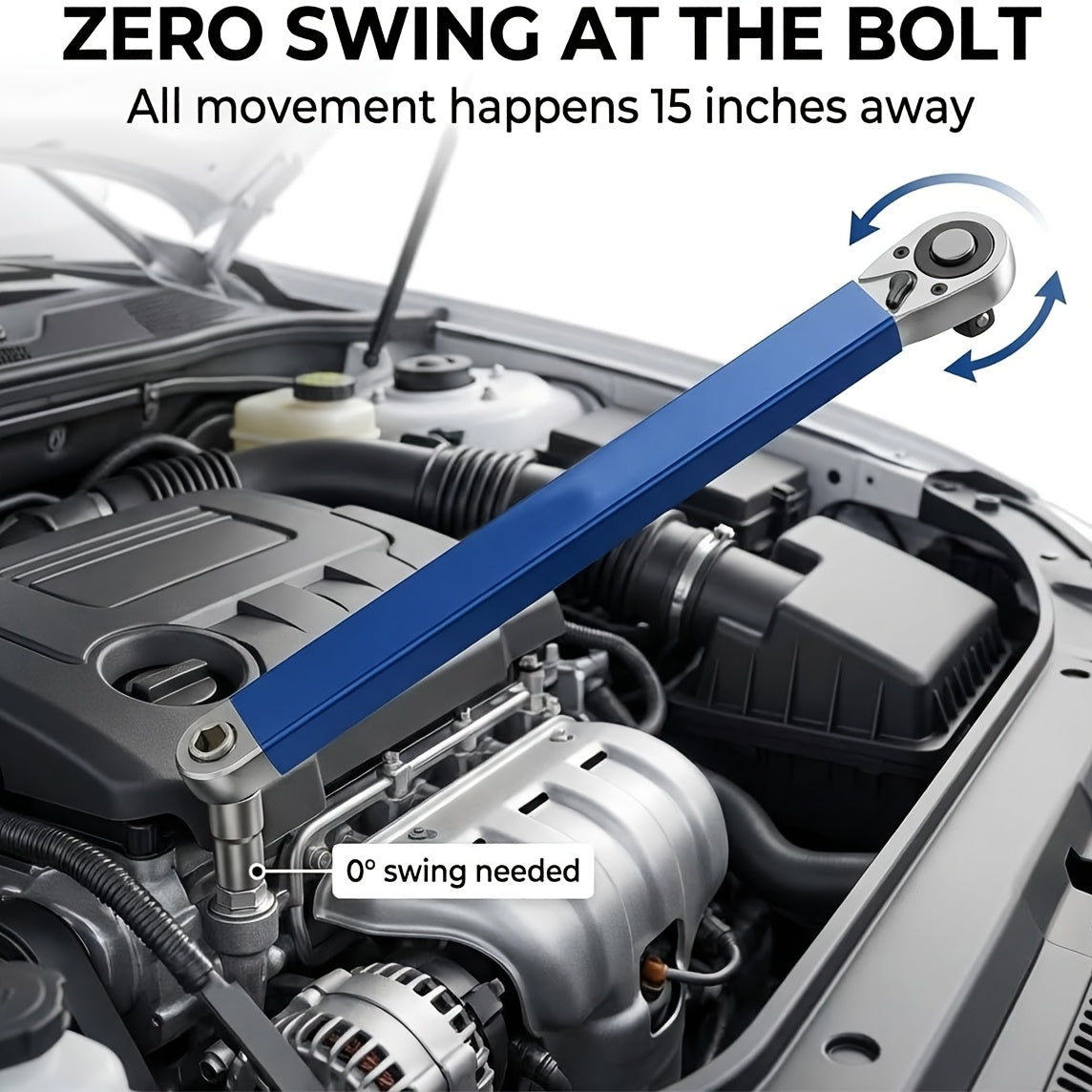 Zero Offset Extension Wrench Set 15 Inch Impact-Ready with 3/8 Ratchet & 1/2 1/4 3/8 Square Drive Adapters for Tight Spaces & Auto Repair