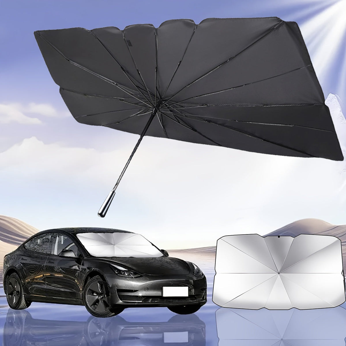 Windshield Sun Shade UV Protection – Auto-Open Foldable Fiberglass Heat Blocker | Car SUV Truck Front Visor Universal Fit Black