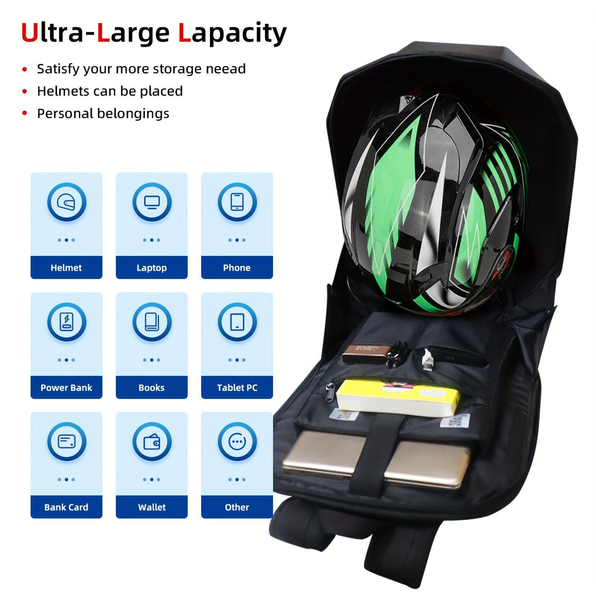 LED Motorcycle Backpack Smart Display – 48×48 Full-Color Dot Matrix, Hard Case Helmet Bag, USB-Powered, 19" Laptop Compartment for Riding Hiking Travel