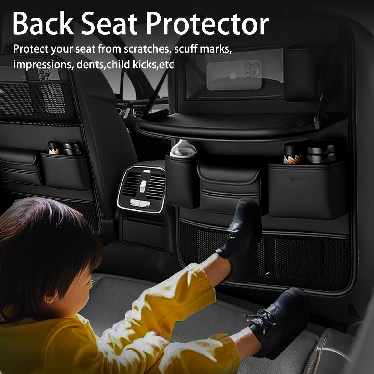 Car Backseat Organizer with Foldable Tray Table – PU Leather Kick Mat, Tablet Holder & Multi-Pocket Rear Seat Storage | Universal Fit SUV Truck