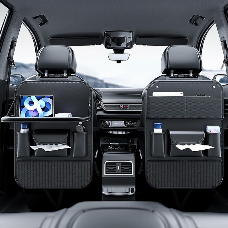 Faux Leather Car Seat Backrest Organizer with Foldable Table Tablet Stand Seat Protection Pad for Cars SUVs Black Gray Brown 1pc 2pcs