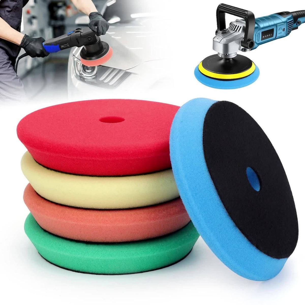 6-Inch Foam Buffing Pads 5-Pack – Beveled Edge Polishing Disc Set for Car Detailing | Sanding, Polishing & Buffing for Drill & DA Polisher