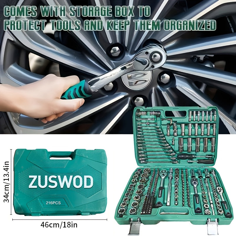 216-Piece Professional Tool Set – 1/4" 3/8" 1/2" Drive Ratchet Wrench & Socket Kit, S2 & CR-V, Automotive & Racing Grade