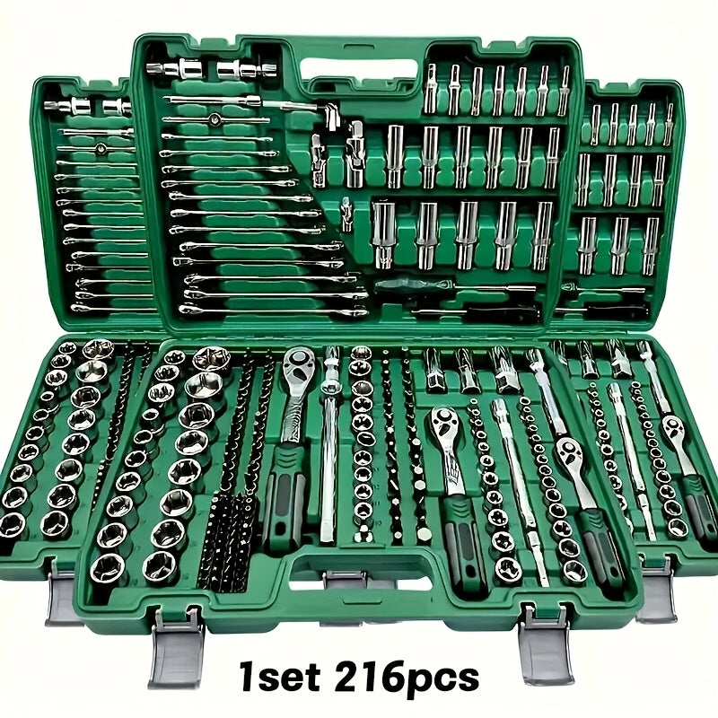 216-Piece Professional Tool Set – 1/4" 3/8" 1/2" Drive Ratchet Wrench & Socket Kit, S2 & CR-V, Automotive & Racing Grade