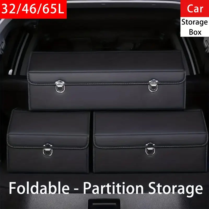 Car Trunk Organizer PU Leather Foldable 65L Large Capacity – Multi Compartment Adjustable Divider Storage Box for SUV Truck Car Grocery Road Trip