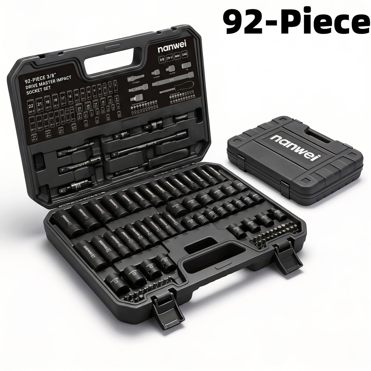 3/8 Inch Drive Impact Socket Set Metric 8-22mm SAE 5/16-3/4 in, 6-Point Cr-V, with Ratchet Handle Adapter & Storage Box, 15/50/92pcs Options