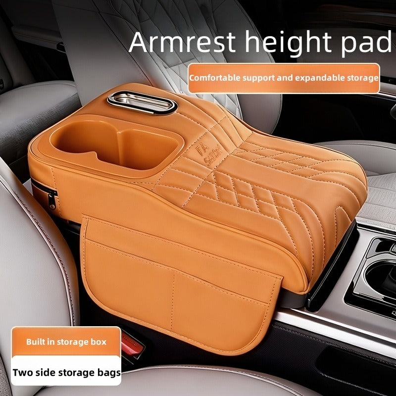 Car Center Armrest Pad with Cup Holder & Tissue Box – Height Elevating Console Cover, Multi-Color Storage Organizer for Vehicle Interior