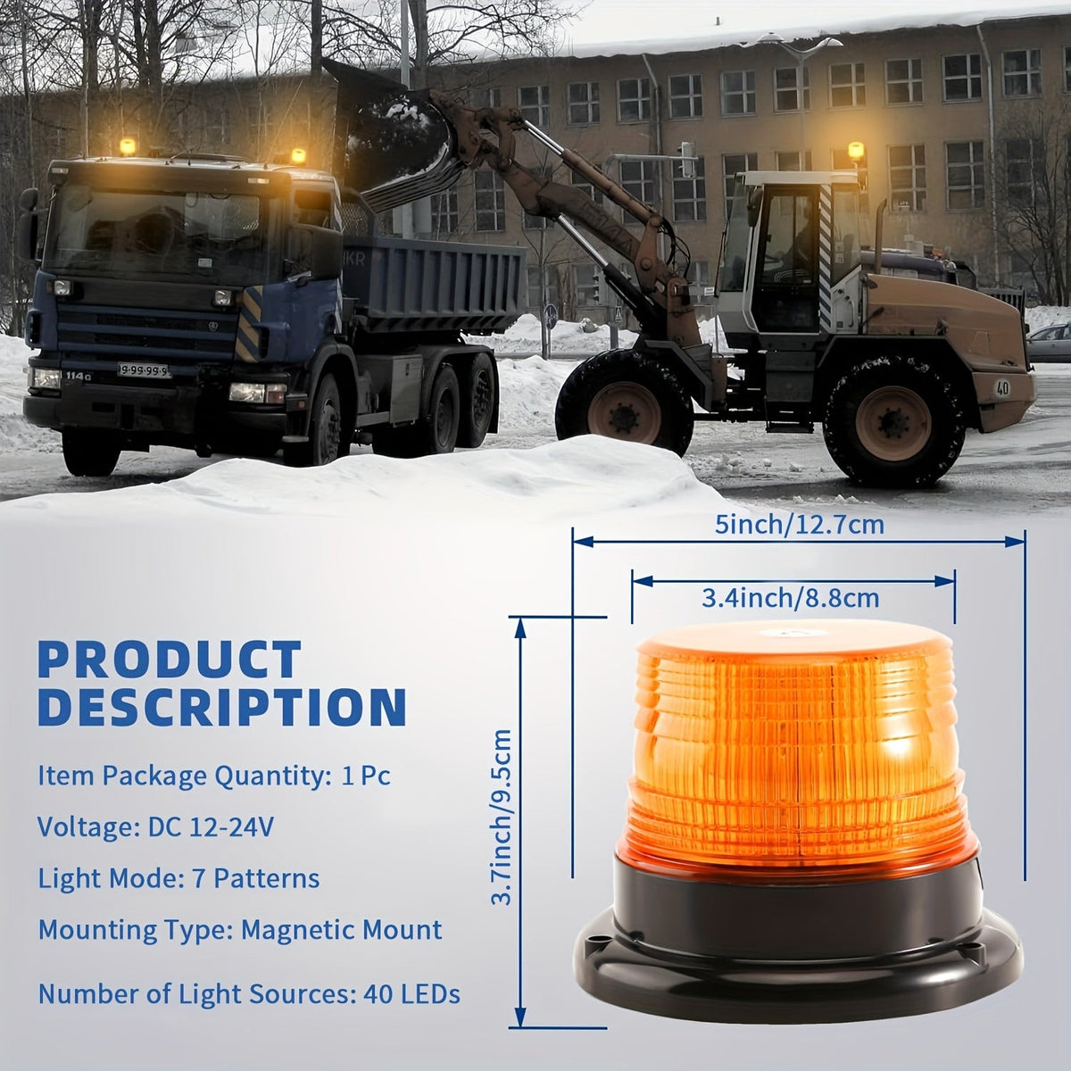LED Beacon Warning Light Magnetic Base - 40 LEDs, 12V 24V Strobe Safety Light for Truck Forklift Tractor Snow Plow, Amber Blue Red Green White Purple