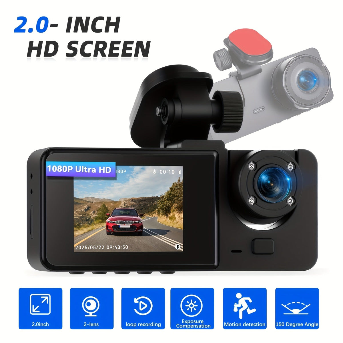 1080P Dual Dash Cam Front and Inside Car Camera, IR Night Vision Loop Recording, Wide Angle Dual Lens Dashboard DVR, Optional 32GB/64GB Card, 2" or 3.16" Screen