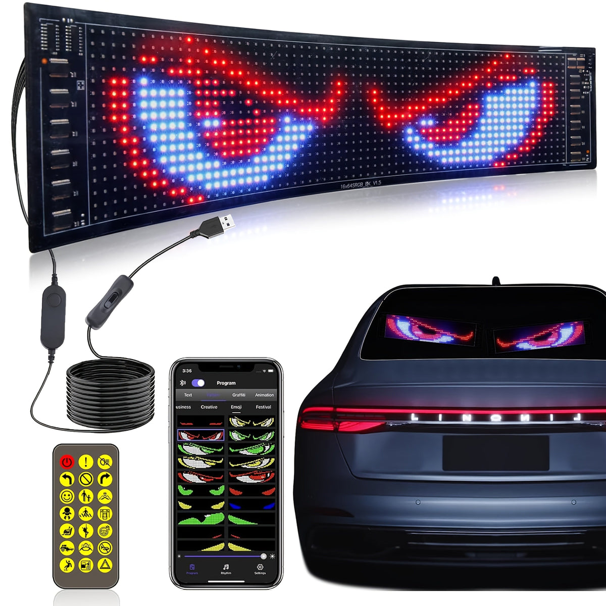 Programmable LED Car Sign Flexible Matrix Panel | App & Remote Control USB Powered Devil Eye Lights for Car Window Decoration