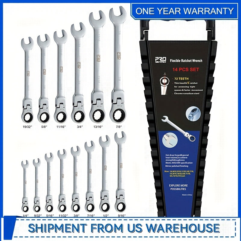 14-Piece SAE Flex Head Ratcheting Wrench Set – 1/4" to 7/8", 72-Tooth 5° Arc, Chrome Vanadium Steel, 180° Flex Head, with Organizer Rack