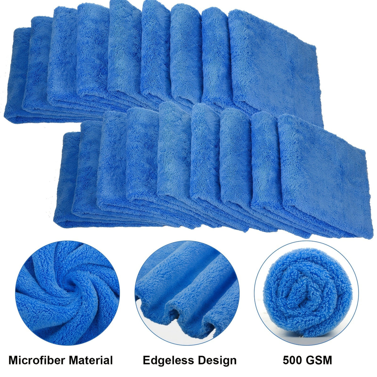Microfiber Car Detailing Towels 30-Pack – Edgeless 500 GSM, 16×16″ Plush Cloths for Drying, Polishing & Washing