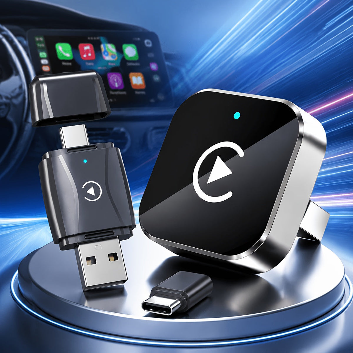 Wireless CarPlay Adapter 2-in-1 – Wired to Wireless CarPlay & Android Auto, Mini USB + Type-C, Fast Stable Connection | iOS 10+ & Android 11+