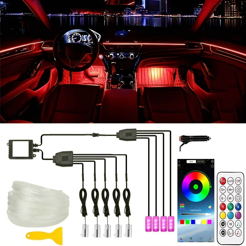 RGB Car Interior Ambient Light Kit - App & Voice Control, 8-Color LED Atmosphere Lighting for Dashboard Roof Console, USB Powered