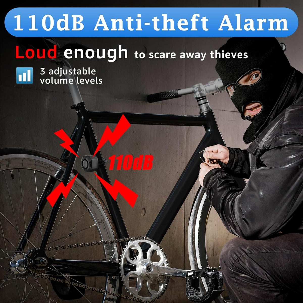 Bike Alarm USB Rechargeable with Remote – 110dB Wireless Vibration Motion Sensor Anti-Theft Security for Bicycle Motorcycle Trailer