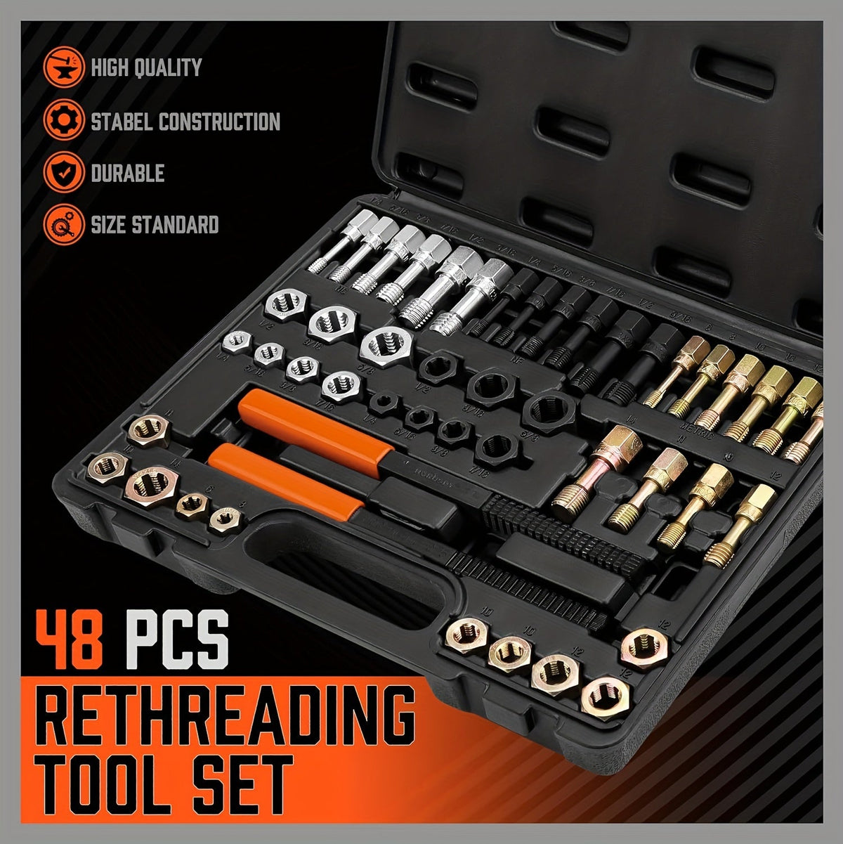 48-Piece Thread Chaser & Rethreading Repair Kit – SAE (UNF/UNC) & Metric Taps, Dies & Files, Color-Coded, with Protective Case