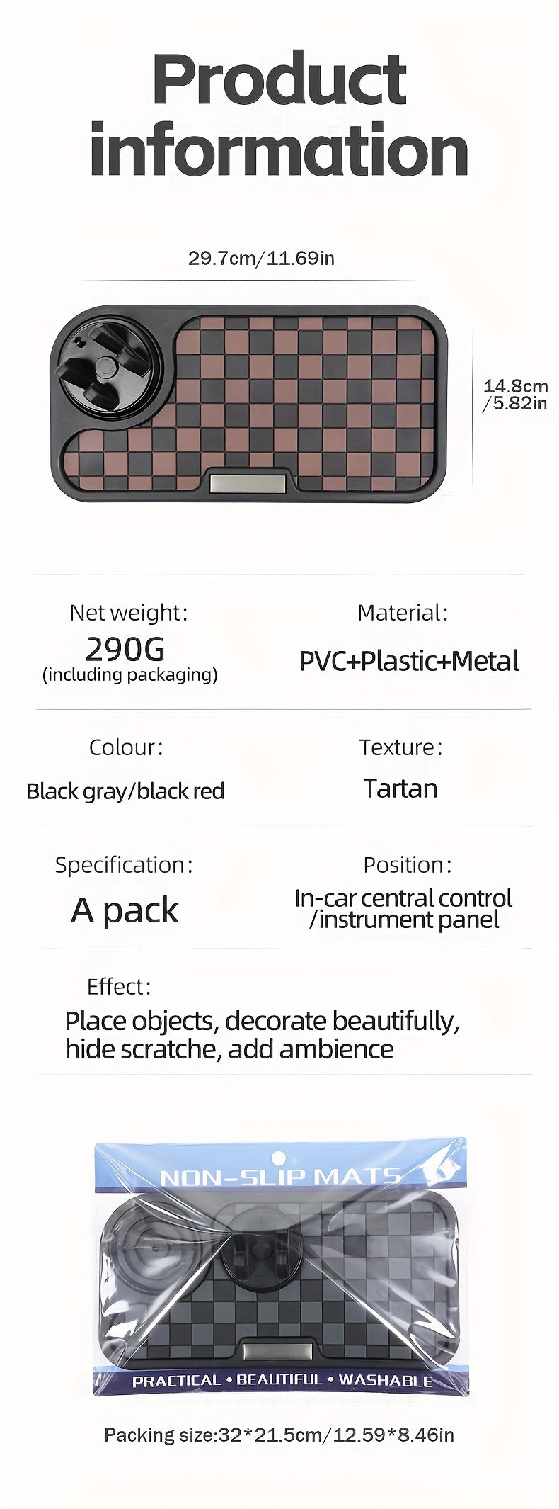 Car Dashboard Anti-Slip Mat Square Grid – Non-Slip Phone Holder Pad, Heat Resistant Ornament Storage Mat for Car Interior, Universal Fit, Deep Grey / Black Red