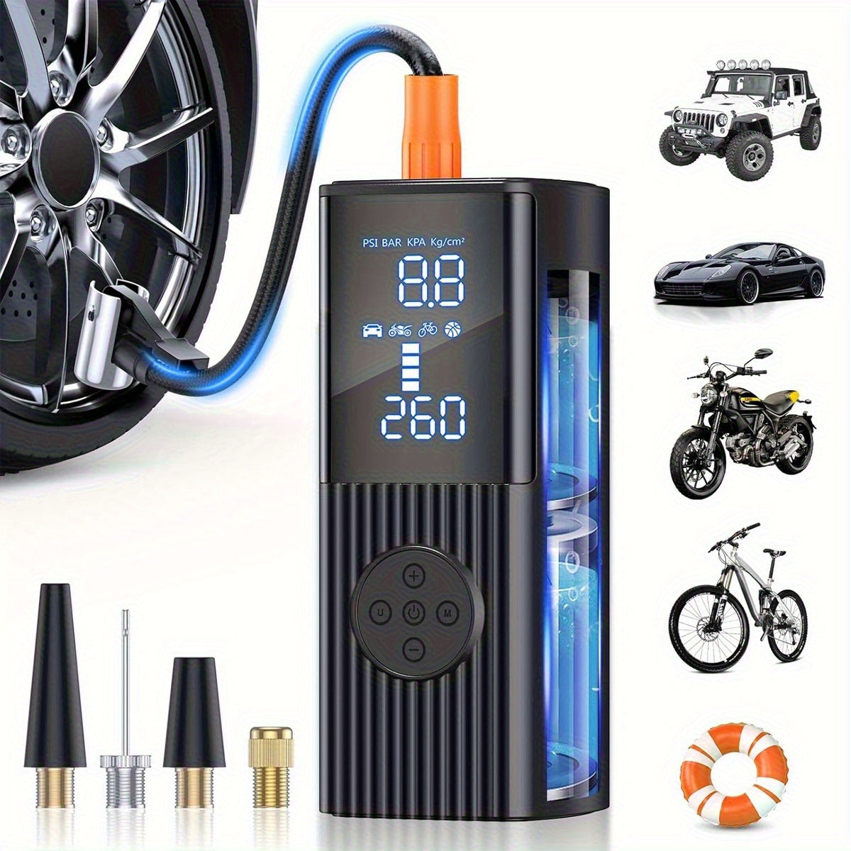 Portable Tire Inflator 210 PSI – Cordless Digital Air Pump with LED Light, 22 Cylinders, Rechargeable Battery for Car, Motorcycle, Bicycle & Ball