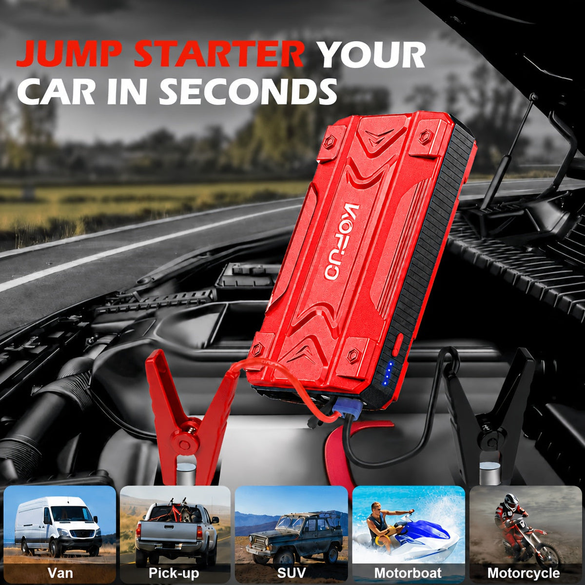 Portable Car Jump Starter 6000-20000A Peak – 7-in-1 with 150PSI Air Compressor, Power Bank, LED Light & Smart Clamp, 12V Battery Booster